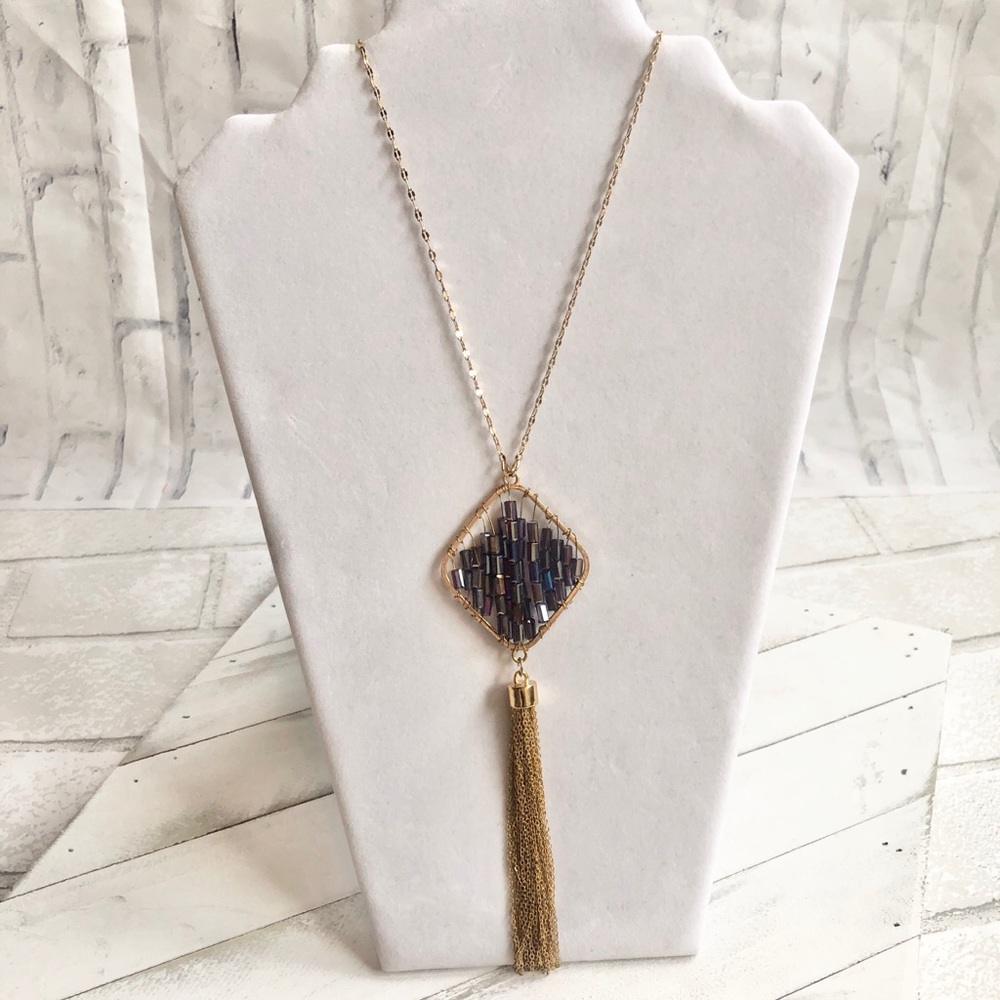 NWT Boho Purple Iridescent Glass Bugle Bead Tassel Statement Necklace Gold Long